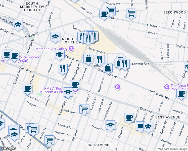 map of restaurants, bars, coffee shops, grocery stores, and more near 26 Rundel Park in Rochester