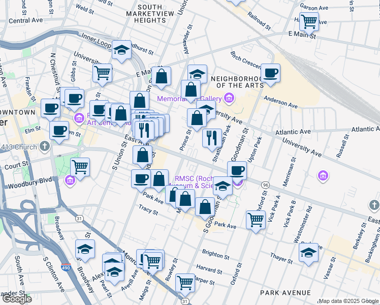 map of restaurants, bars, coffee shops, grocery stores, and more near 8D Prince Street in Rochester
