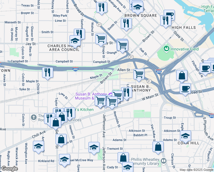 map of restaurants, bars, coffee shops, grocery stores, and more near 49 Madison Street in Rochester