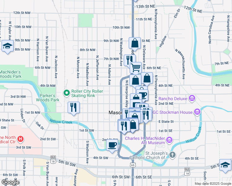 map of restaurants, bars, coffee shops, grocery stores, and more near 114 3rd Street Northwest in Mason City