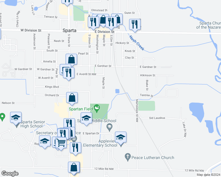map of restaurants, bars, coffee shops, grocery stores, and more near 200 Maple Street in Sparta