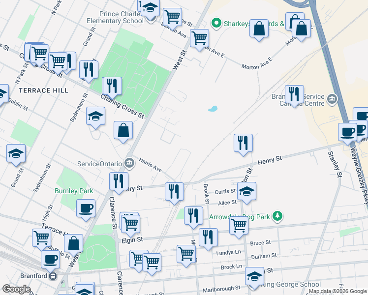 map of restaurants, bars, coffee shops, grocery stores, and more near 254 Charing Cross Street in Brantford