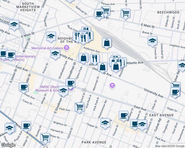 map of restaurants, bars, coffee shops, grocery stores, and more near 30 Oxford Street in Rochester