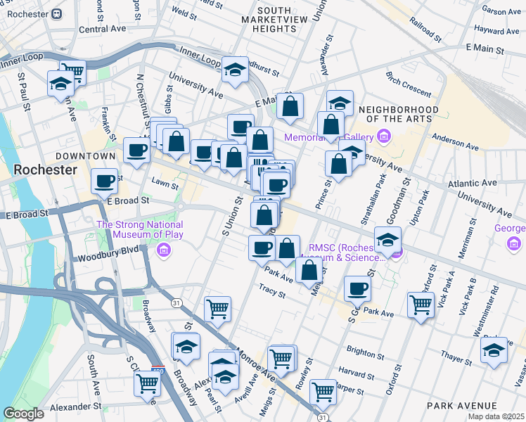 map of restaurants, bars, coffee shops, grocery stores, and more near in Rochester