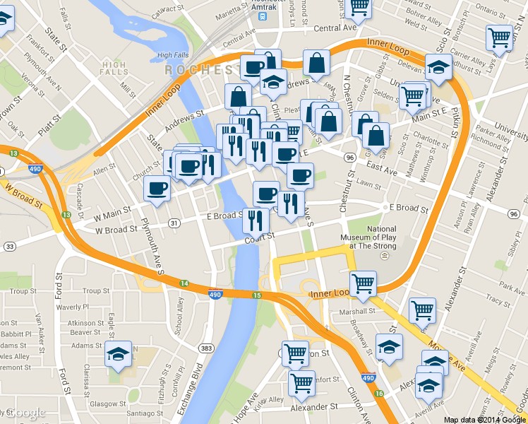 map of restaurants, bars, coffee shops, grocery stores, and more near in Monroe County