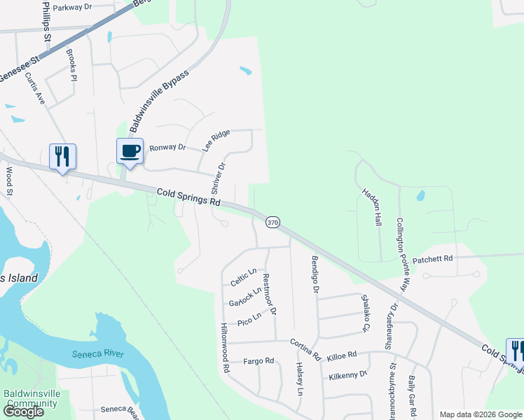 map of restaurants, bars, coffee shops, grocery stores, and more near 2893 Cold Springs Road in Baldwinsville