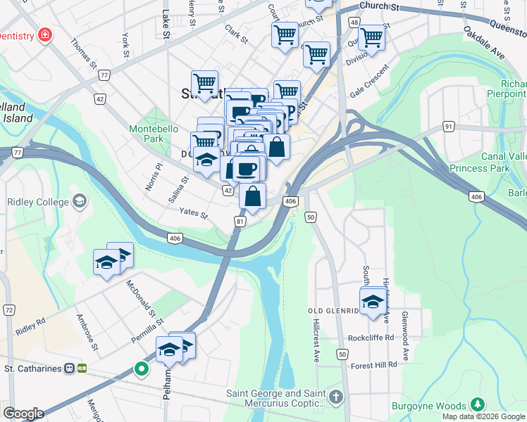 map of restaurants, bars, coffee shops, grocery stores, and more near 5 Saint Paul Crescent in St. Catharines