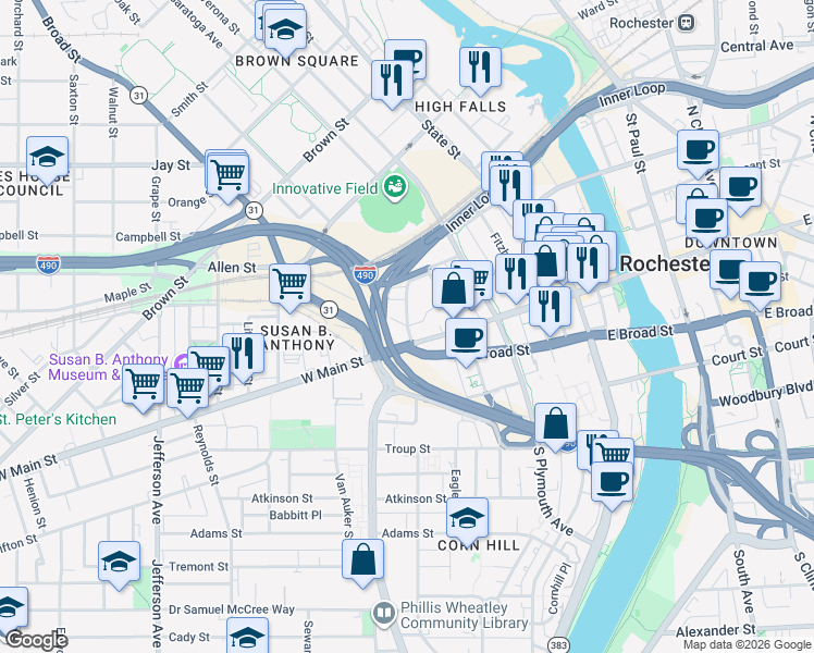 map of restaurants, bars, coffee shops, grocery stores, and more near Cascade Dr & Industrial St in Rochester