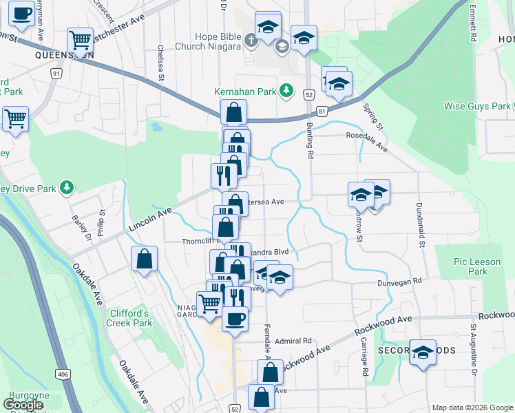 map of restaurants, bars, coffee shops, grocery stores, and more near 14 Battersea Avenue in St. Catharines