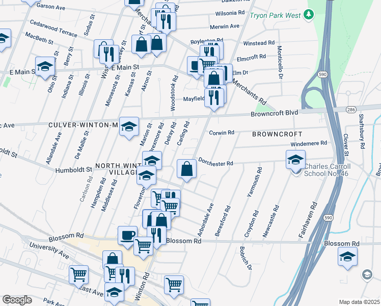 map of restaurants, bars, coffee shops, grocery stores, and more near 492 Winton Road North in Rochester