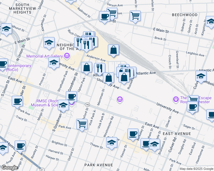 map of restaurants, bars, coffee shops, grocery stores, and more near 794 University Avenue in Rochester