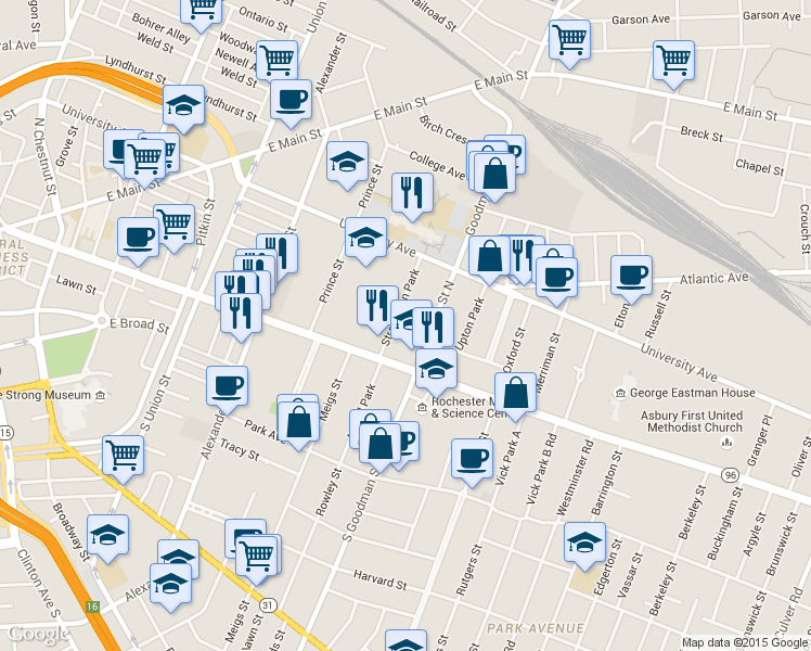 map of restaurants, bars, coffee shops, grocery stores, and more near 7 Strathallan Park in Rochester