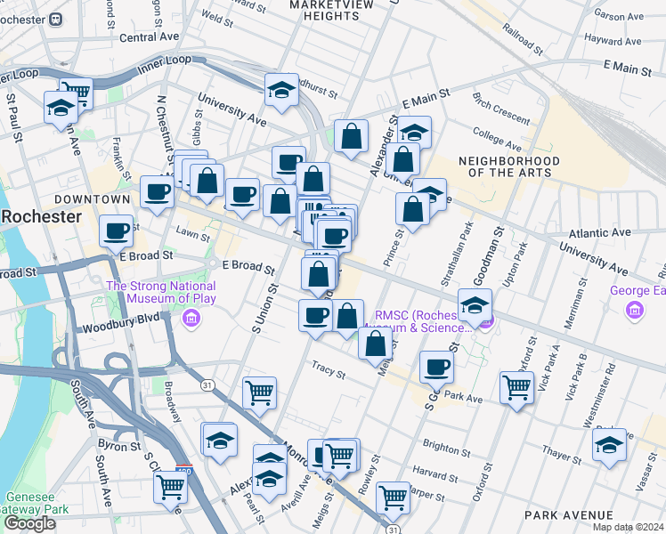 map of restaurants, bars, coffee shops, grocery stores, and more near in Rochester