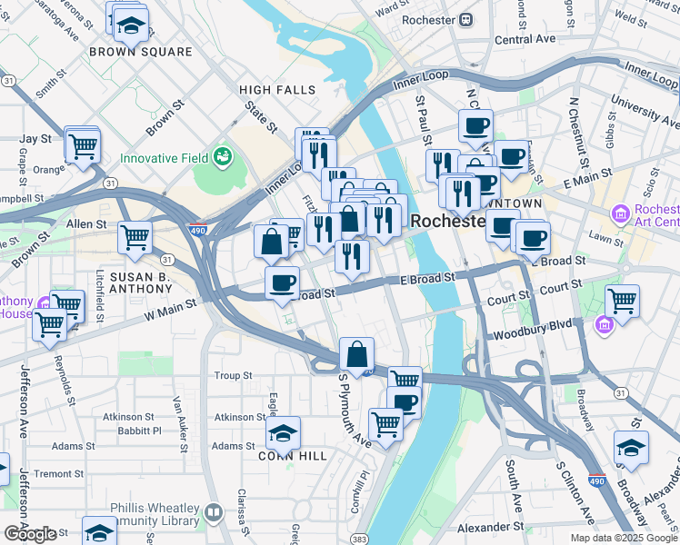 map of restaurants, bars, coffee shops, grocery stores, and more near 53 West Main Street in Rochester