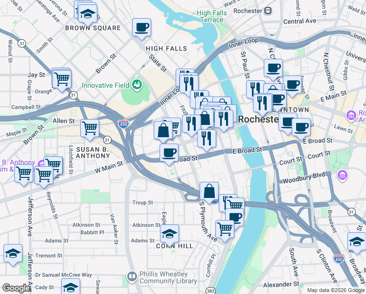 map of restaurants, bars, coffee shops, grocery stores, and more near 321 State Street in Rochester