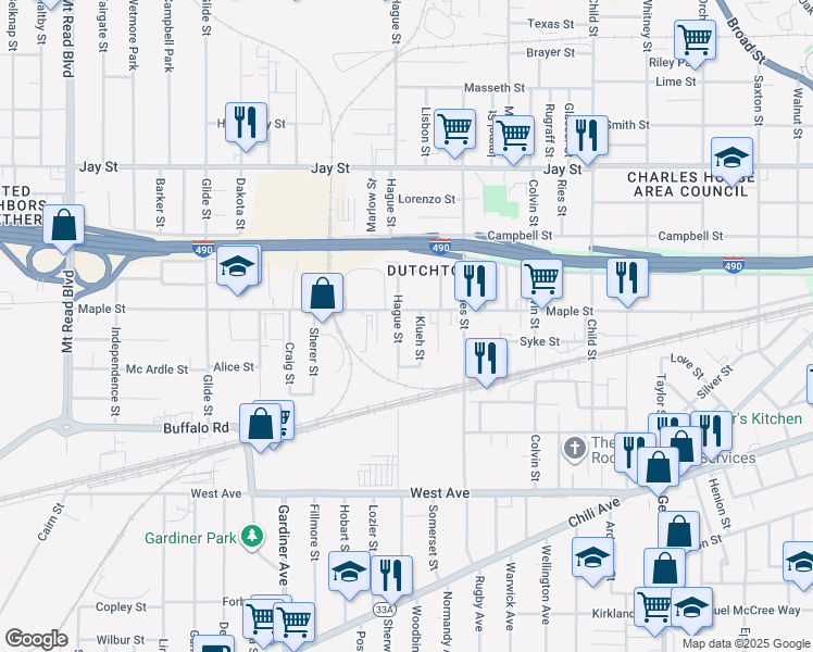 map of restaurants, bars, coffee shops, grocery stores, and more near 767 Maple Street in Rochester