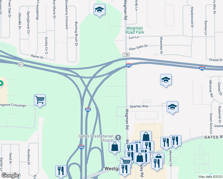 map of restaurants, bars, coffee shops, grocery stores, and more near 19 Tandoi Drive in Rochester