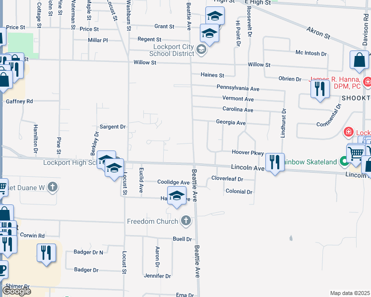 map of restaurants, bars, coffee shops, grocery stores, and more near 311 Beattie Avenue in Lockport