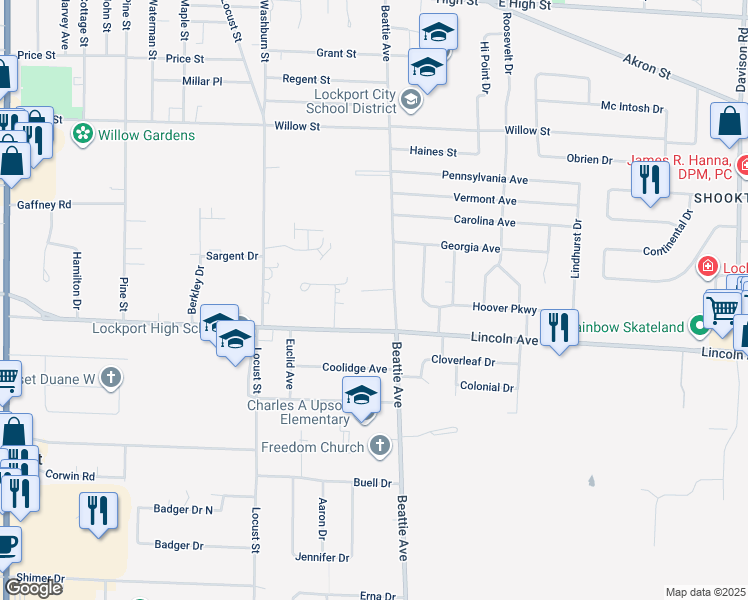 map of restaurants, bars, coffee shops, grocery stores, and more near 311 Beattie Avenue in Lockport