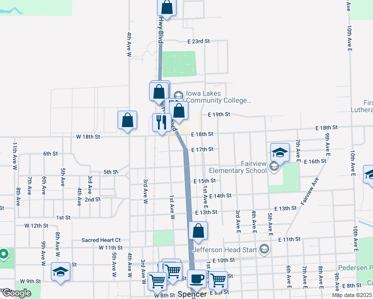 map of restaurants, bars, coffee shops, grocery stores, and more near 13 East 17th Street in Spencer