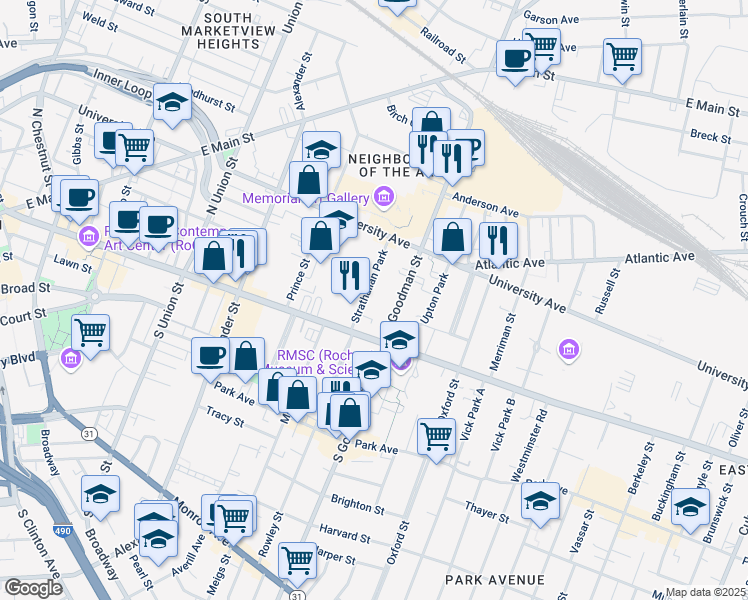 map of restaurants, bars, coffee shops, grocery stores, and more near 7 Strathallan Park in Rochester