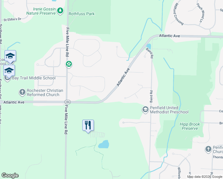 map of restaurants, bars, coffee shops, grocery stores, and more near 2892 Atlantic Avenue in Penfield