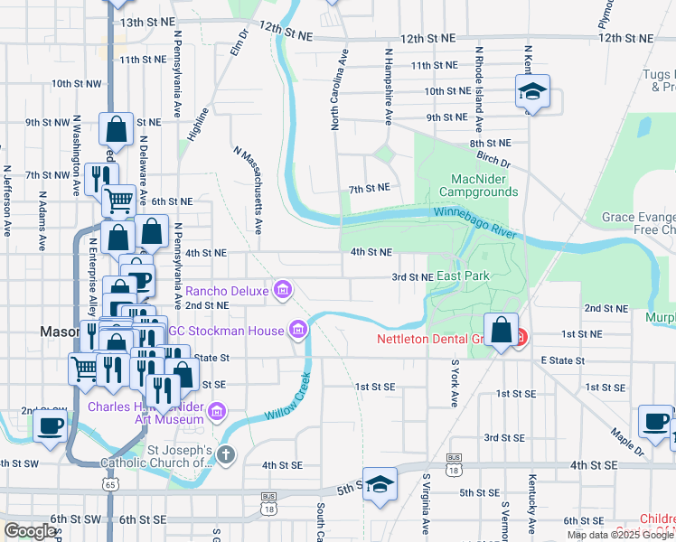map of restaurants, bars, coffee shops, grocery stores, and more near 616 3rd Street Northeast in Mason City