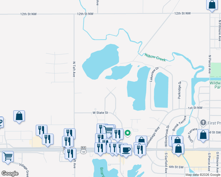 map of restaurants, bars, coffee shops, grocery stores, and more near 180 Pebble Creek Drive in Mason City