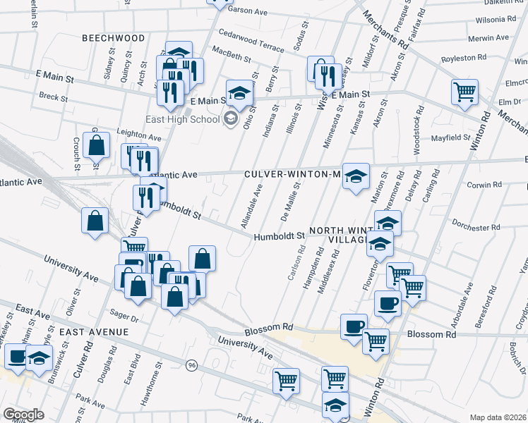 map of restaurants, bars, coffee shops, grocery stores, and more near 49 Van Bergh Avenue in Rochester