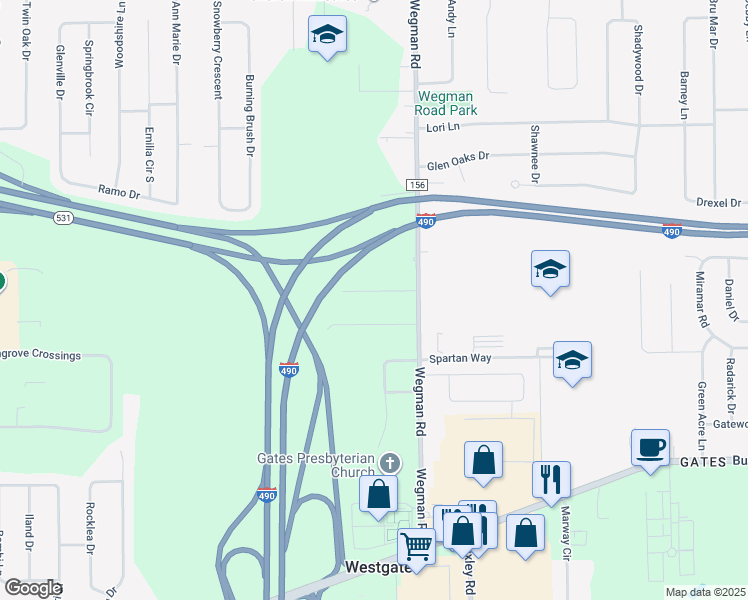 map of restaurants, bars, coffee shops, grocery stores, and more near 19 Tandoi Drive in Rochester
