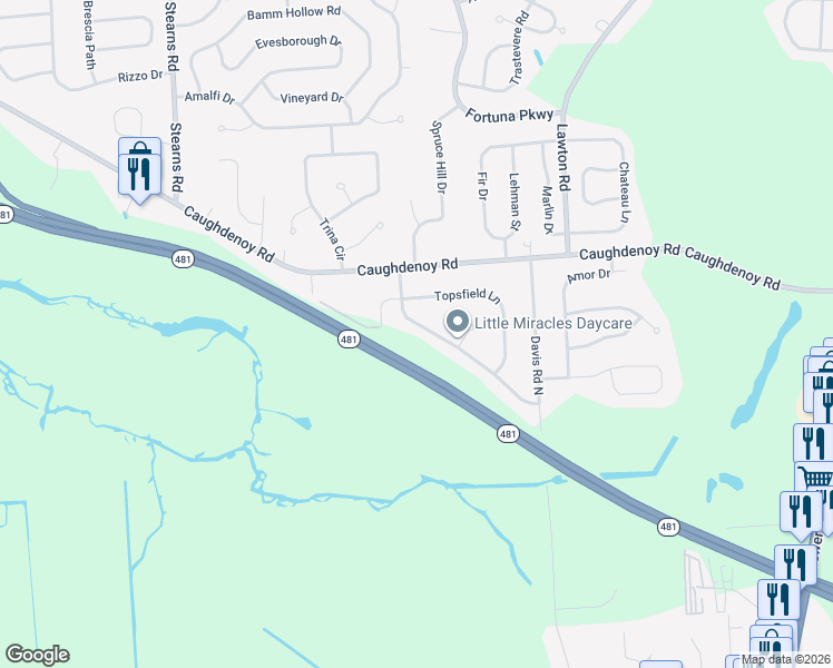 map of restaurants, bars, coffee shops, grocery stores, and more near 7953 Boxford Road in Clay