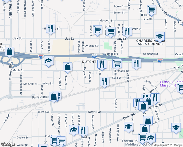 map of restaurants, bars, coffee shops, grocery stores, and more near 767 Maple Street in Rochester