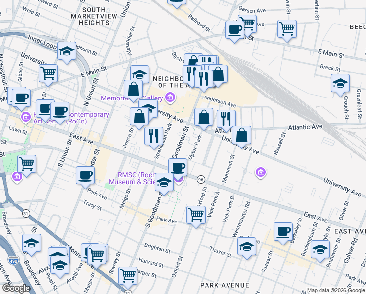 map of restaurants, bars, coffee shops, grocery stores, and more near 25-29 North Goodman Street in Rochester