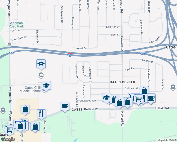 map of restaurants, bars, coffee shops, grocery stores, and more near 27 Dawnhaven Drive in Rochester