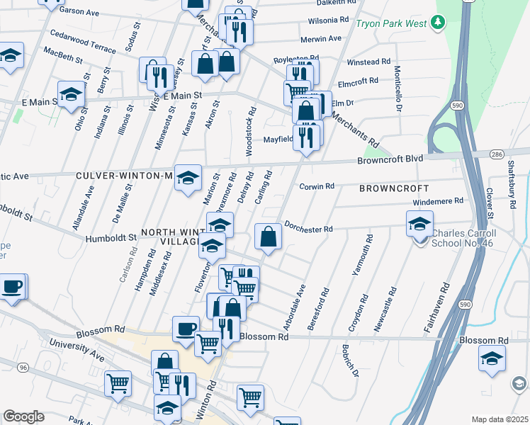 map of restaurants, bars, coffee shops, grocery stores, and more near 294 Carling Road in Rochester