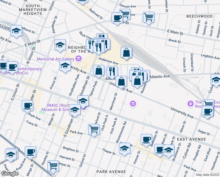 map of restaurants, bars, coffee shops, grocery stores, and more near 745 University Avenue in Rochester