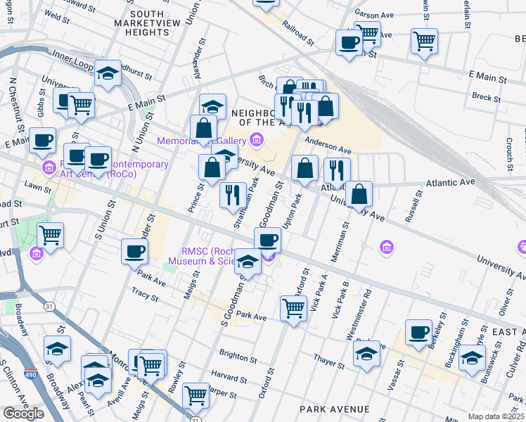 map of restaurants, bars, coffee shops, grocery stores, and more near 25-29 North Goodman Street in Rochester