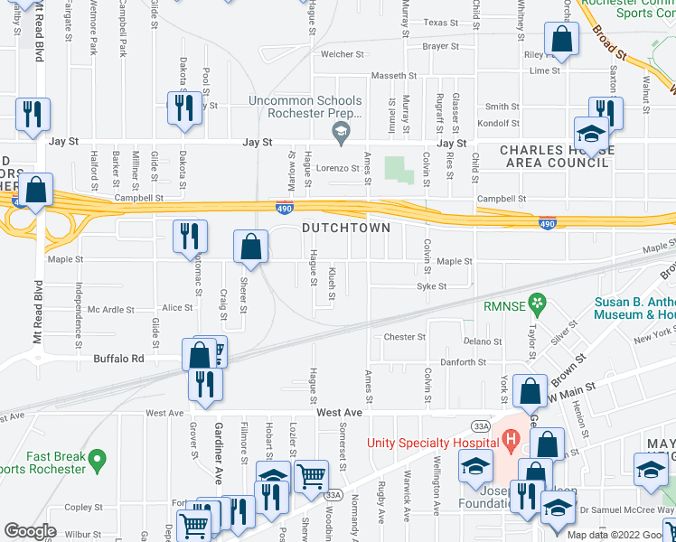 map of restaurants, bars, coffee shops, grocery stores, and more near 767 Maple Street in Rochester