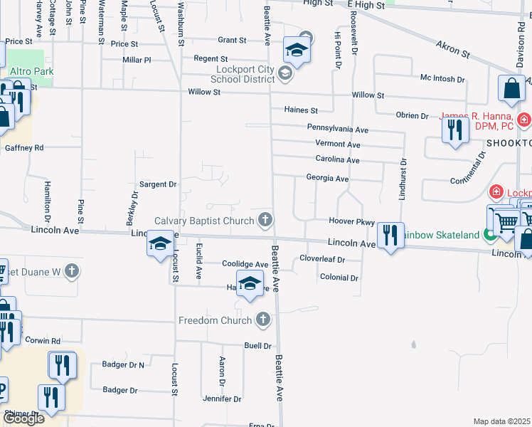 map of restaurants, bars, coffee shops, grocery stores, and more near 311 Beattie Avenue in Lockport