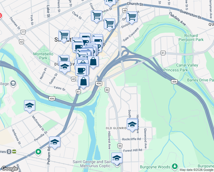 map of restaurants, bars, coffee shops, grocery stores, and more near 3 Regional Road 50 in St. Catharines