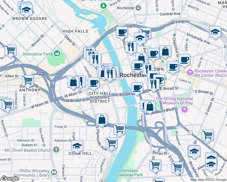 map of restaurants, bars, coffee shops, grocery stores, and more near 44 Exchange Boulevard in Rochester