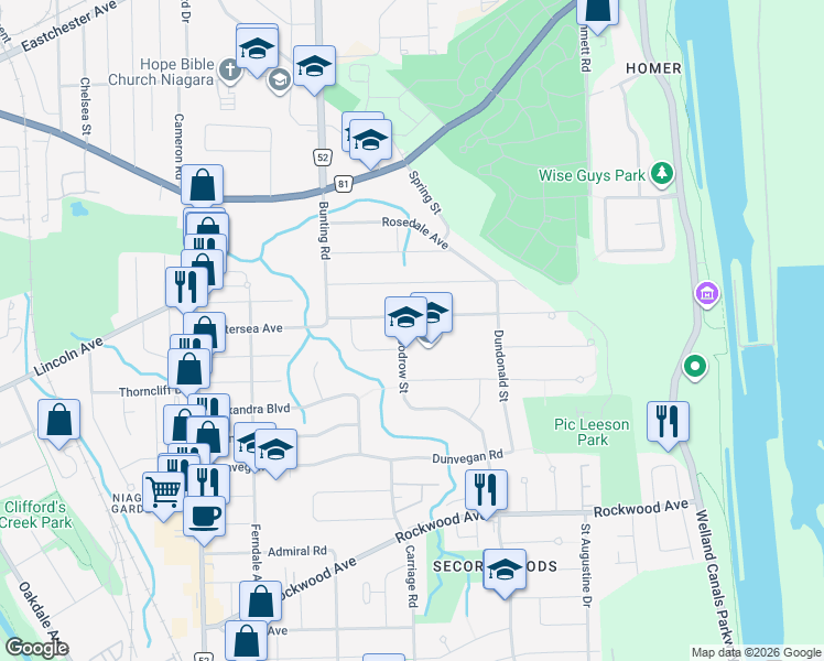 map of restaurants, bars, coffee shops, grocery stores, and more near 31 A Woodrow Street in St. Catharines