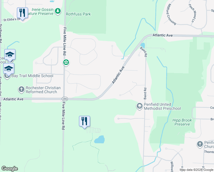 map of restaurants, bars, coffee shops, grocery stores, and more near 2892 Atlantic Avenue in Penfield