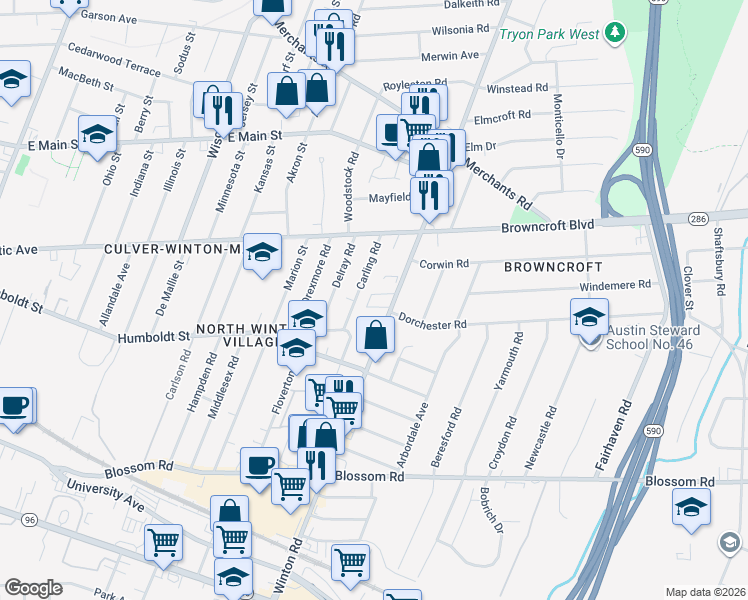 map of restaurants, bars, coffee shops, grocery stores, and more near 294 Carling Road in Rochester