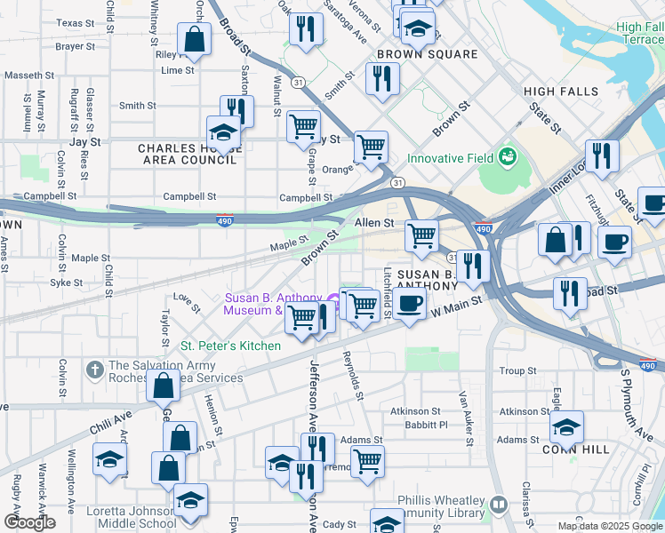 map of restaurants, bars, coffee shops, grocery stores, and more near 49 Madison Street in Rochester