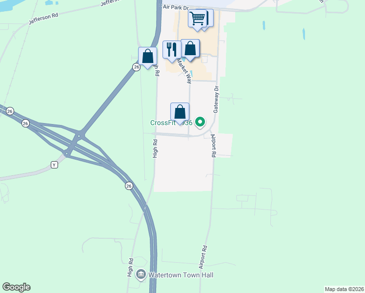 map of restaurants, bars, coffee shops, grocery stores, and more near 2002 Airport Road in Watertown