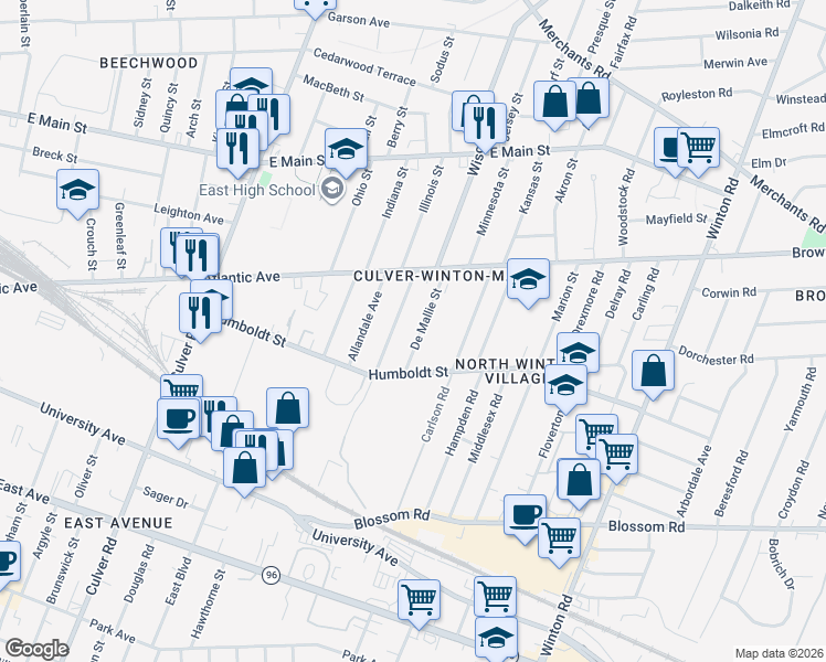 map of restaurants, bars, coffee shops, grocery stores, and more near 55 De Mallie Street in Rochester