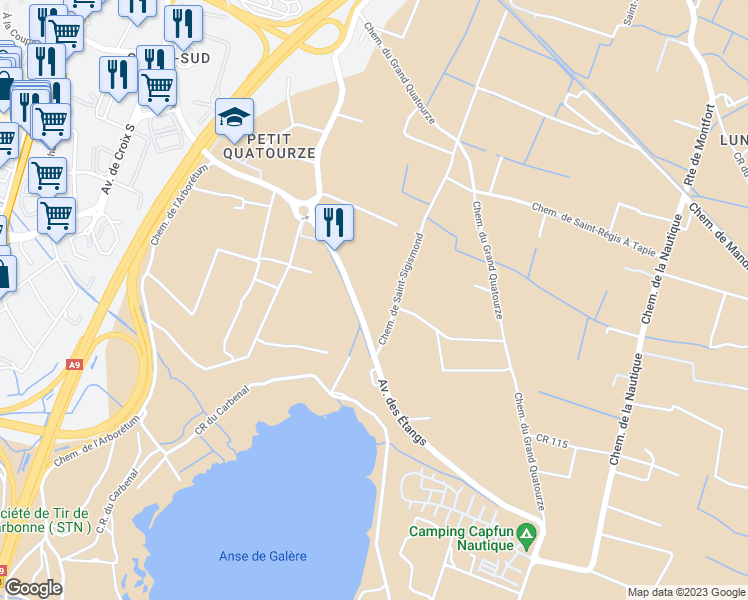 map of restaurants, bars, coffee shops, grocery stores, and more near in Narbonne