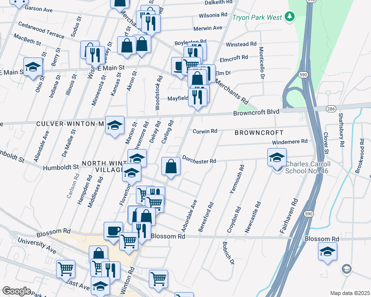 map of restaurants, bars, coffee shops, grocery stores, and more near 492 Winton Road North in Rochester