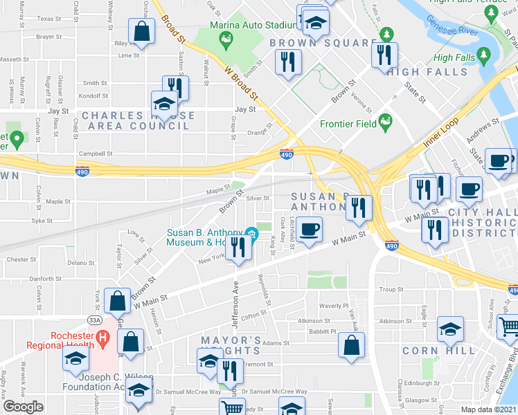 map of restaurants, bars, coffee shops, grocery stores, and more near 50 Madison Street in Rochester